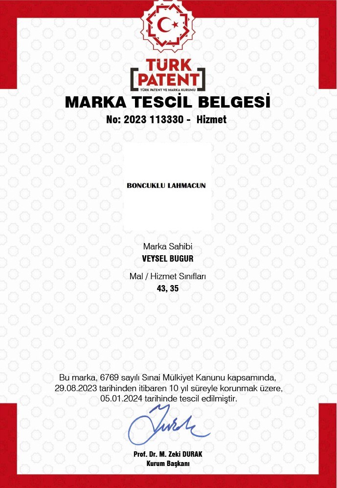 Boncuklu Lahmacun Türk Patent marka tescil belgesi